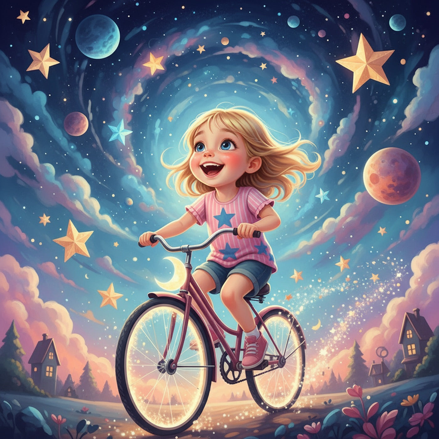 Illustration of a laughing girl riding a bike through a starry night sky