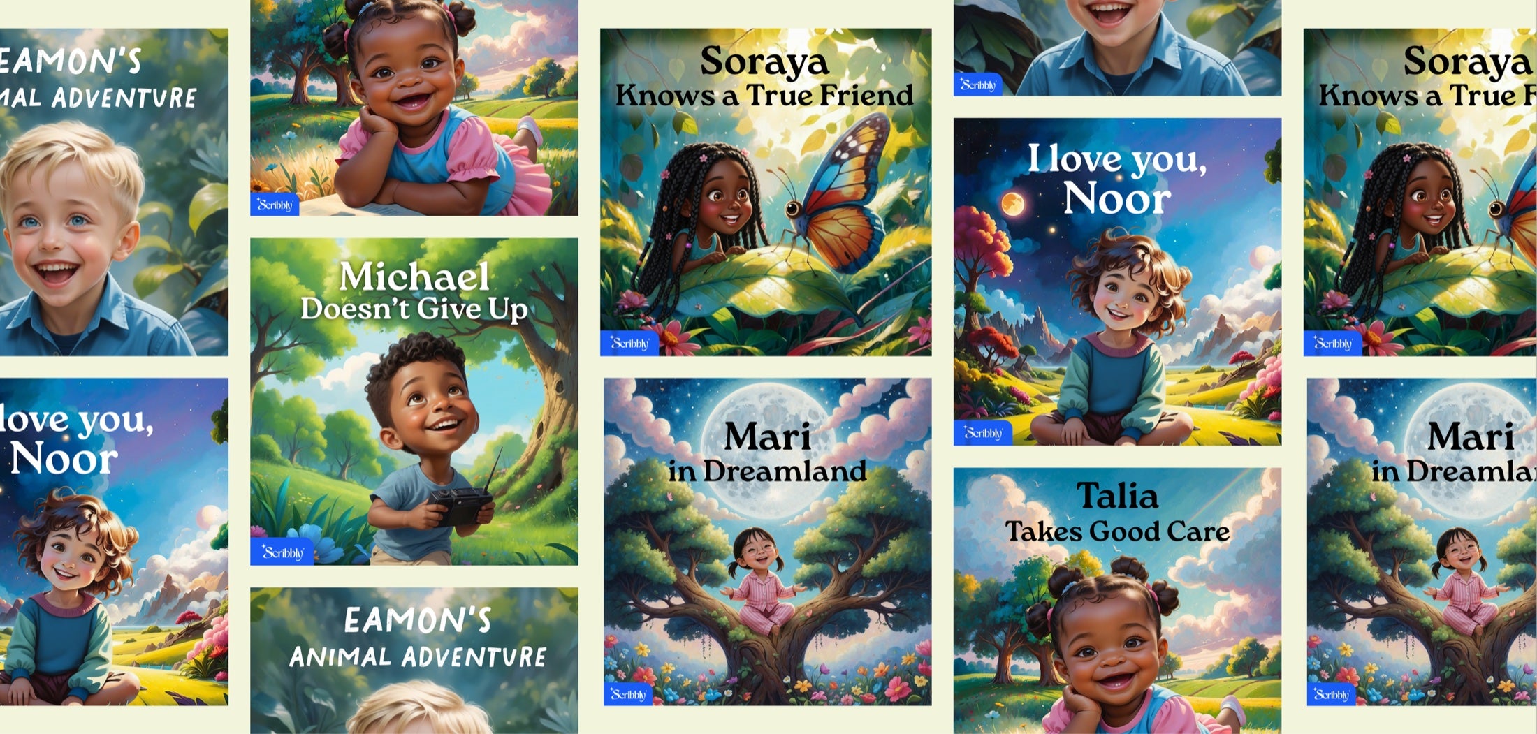 A row of personalized Scribbly book covers, each starring a different child