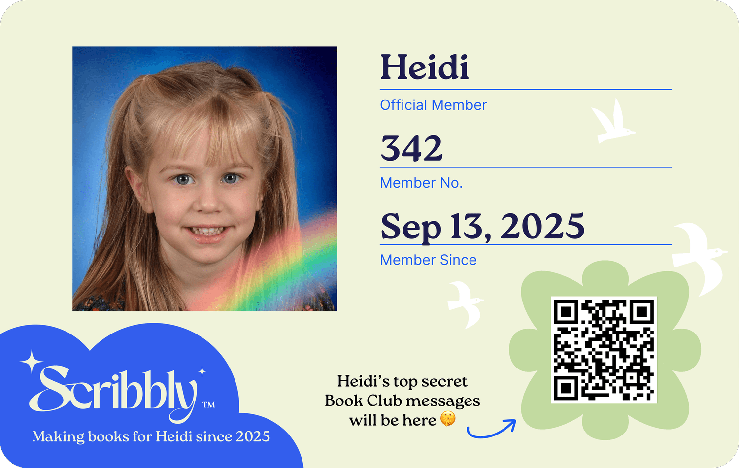 The front of a Scribbly membership card with the member's photo, name, and number
