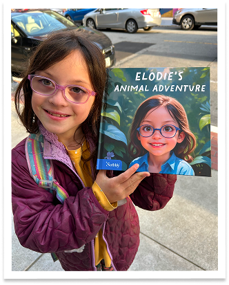 A young reader proudly holding up their personalized Scribbly book